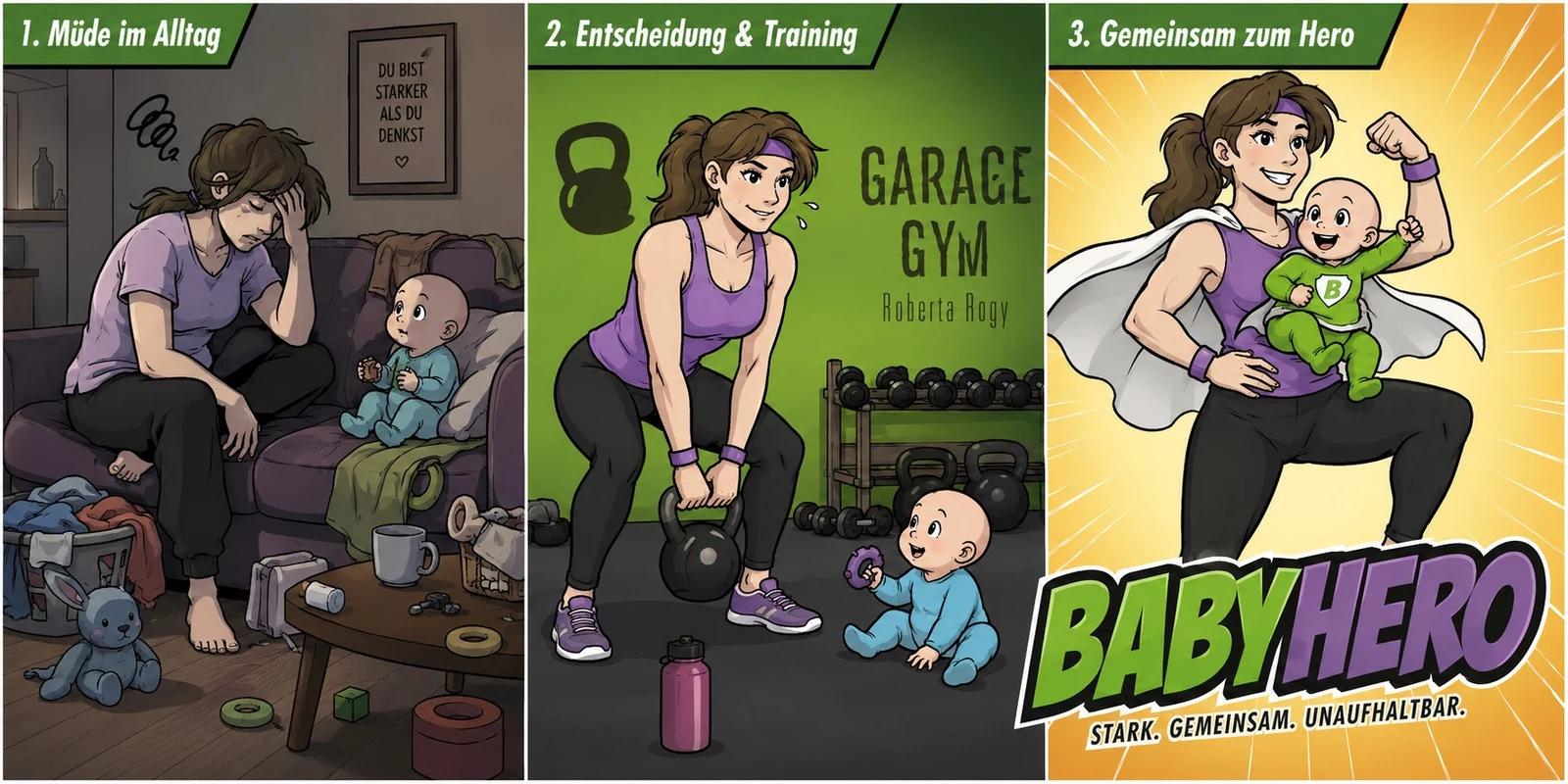 Heldenreise einer Mama in drei Schritten: müde im Alltag, Entscheidung & Training bei Garage Gym, gemeinsam zum Baby Hero (Comic)